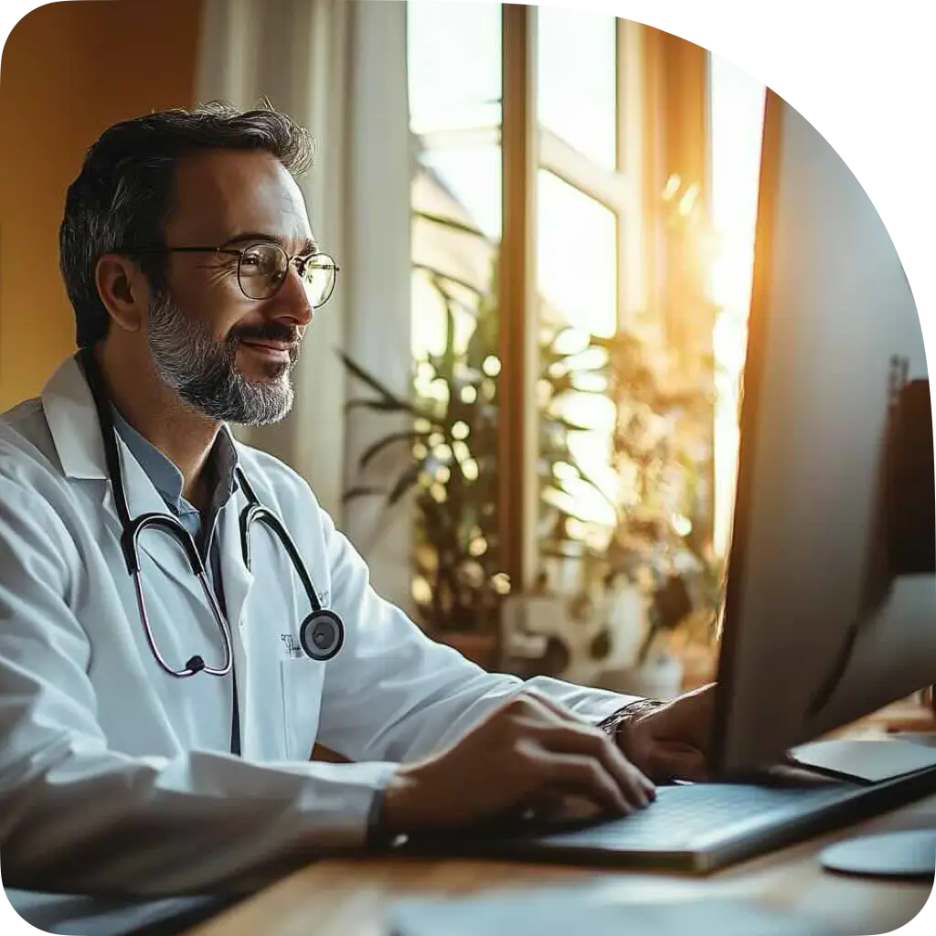 Teleneurology specialist doing a virtual follow-up care consult with a neuro patient on his computer