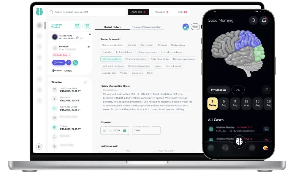 A laptop and iphone showing Synapse AI Teleneurology software on the screens