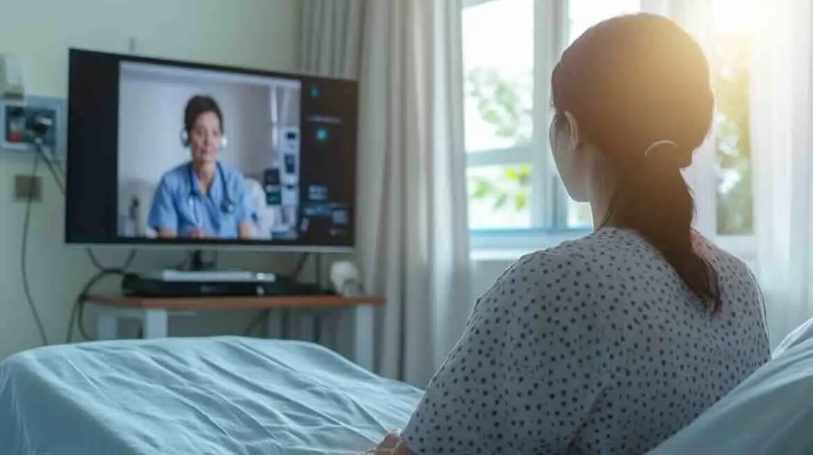 stroke patient in a hospital room talking with a virtual neurologist